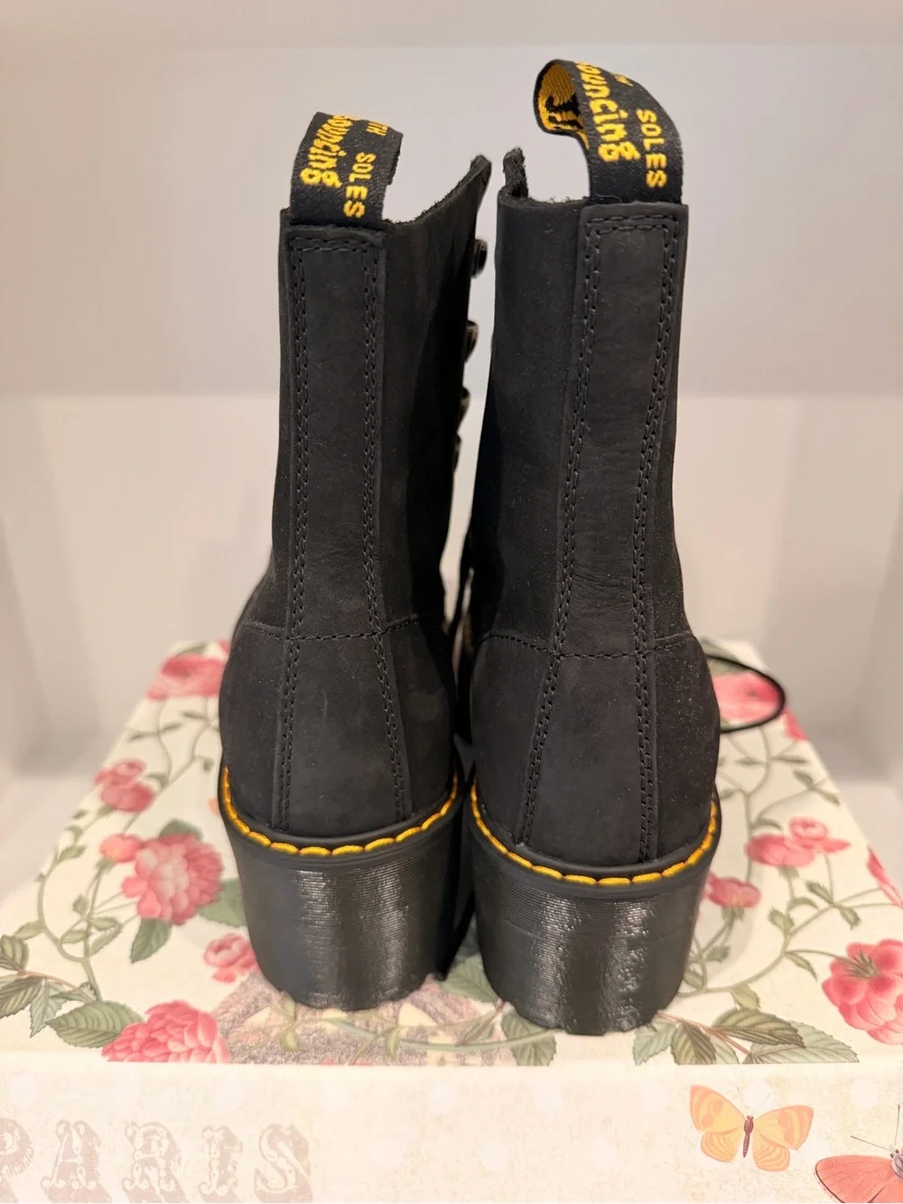 Dr. Martens Black Lace-Up Platform Ankle Boots with Yellow Stitching